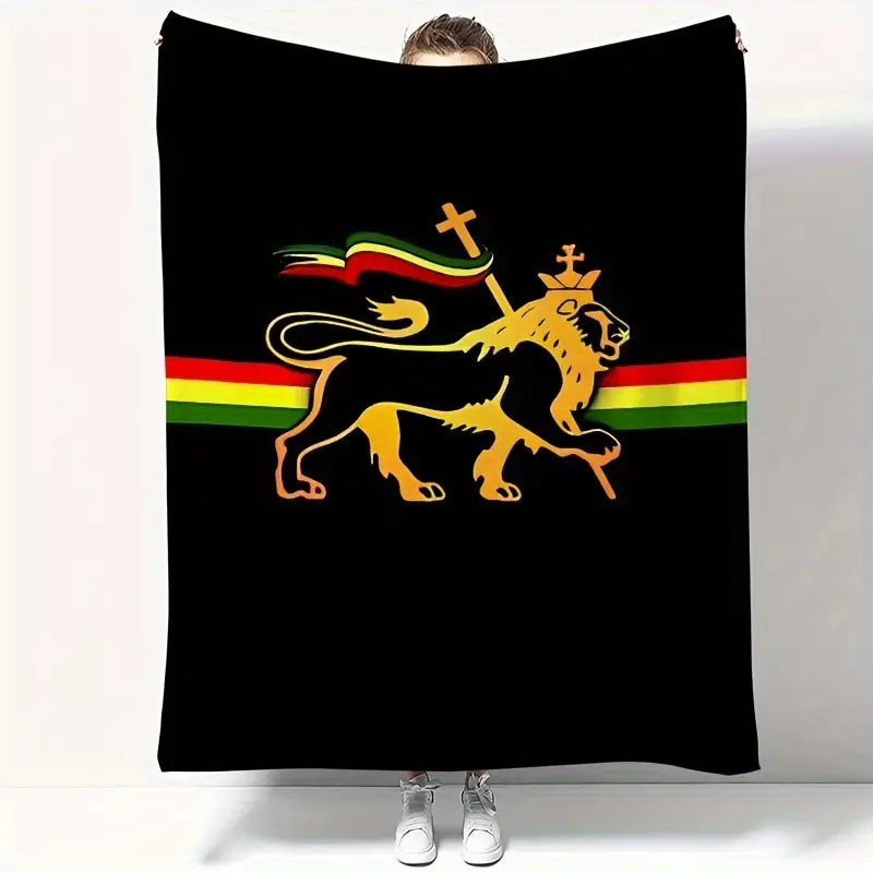 Rasta Style, Black Soft Fleece Throw, Lion of Judah Print.