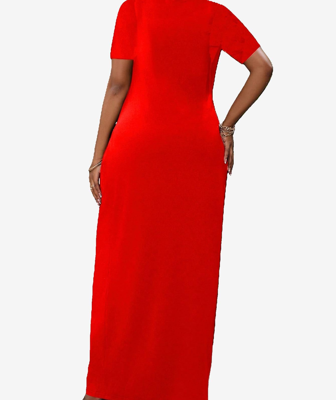 SHORT SLEEVED MAXI DRESS, RED WITH AFRICAN PRINT.