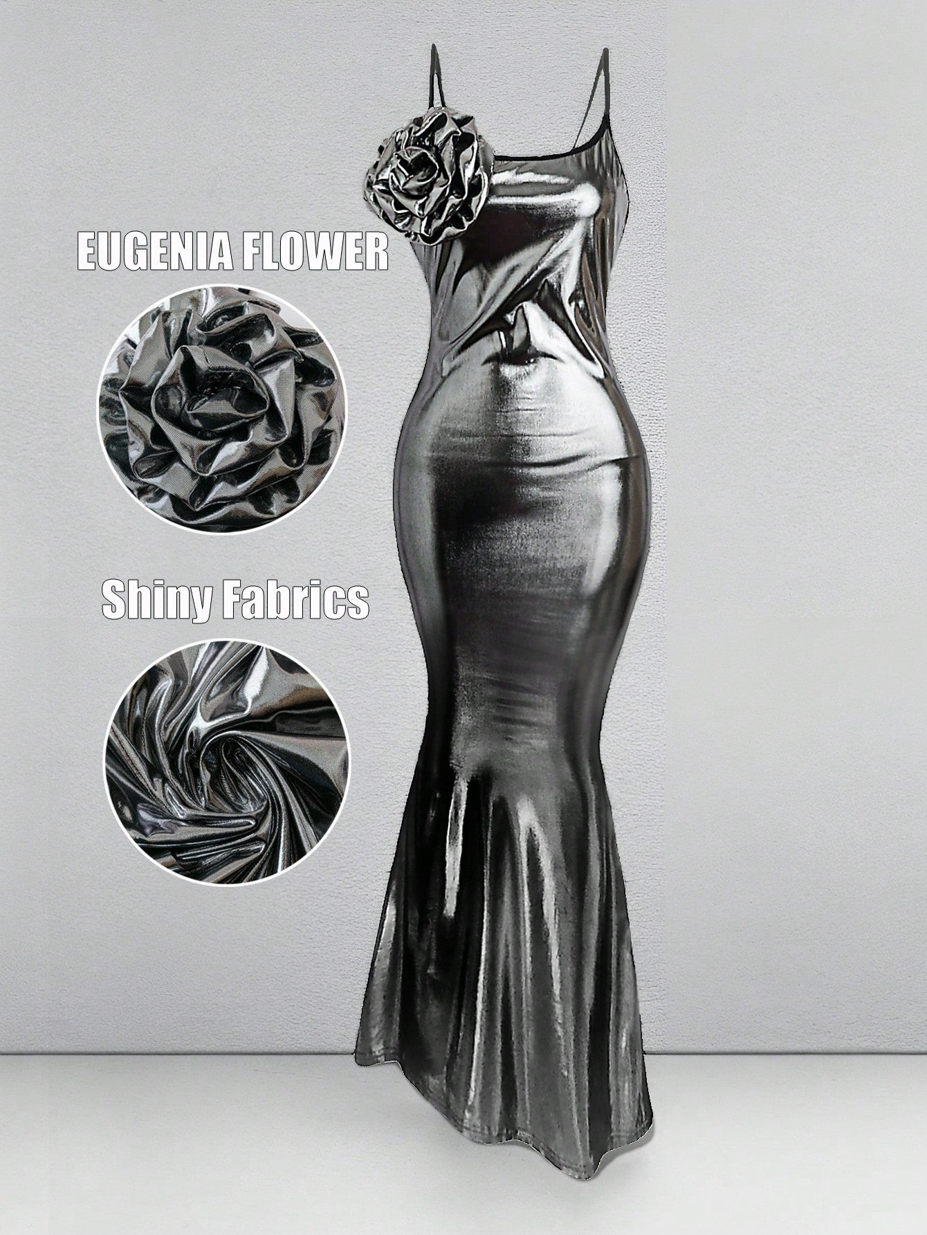 Stunning Silver Metallic Mermaid Maxi Dress, Spaghetti Straps, Size 12 to 14,
