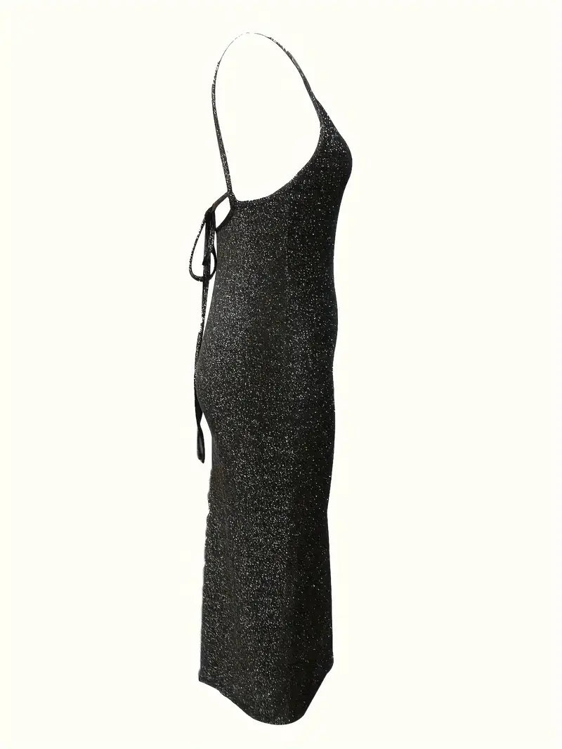 Silver Lurex Open Back Evening Cruise Party Dress Front Split Size 10