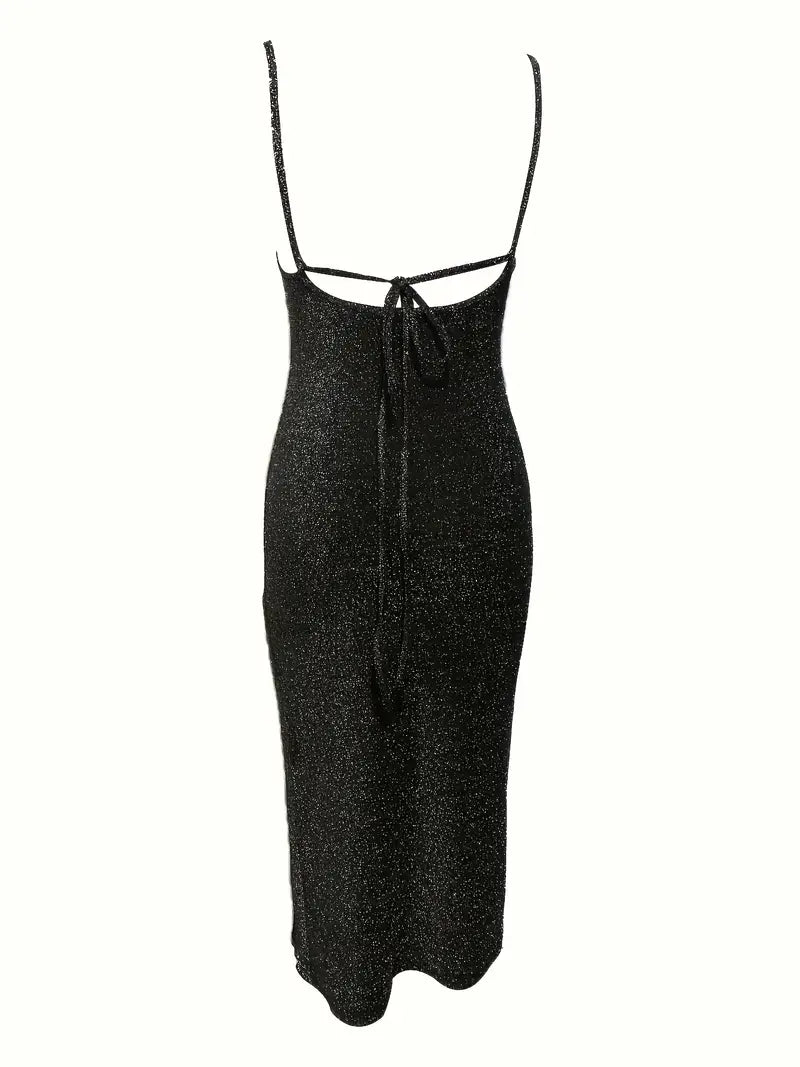 Silver Lurex Open Back Evening Cruise Party Dress Front Split Size 10