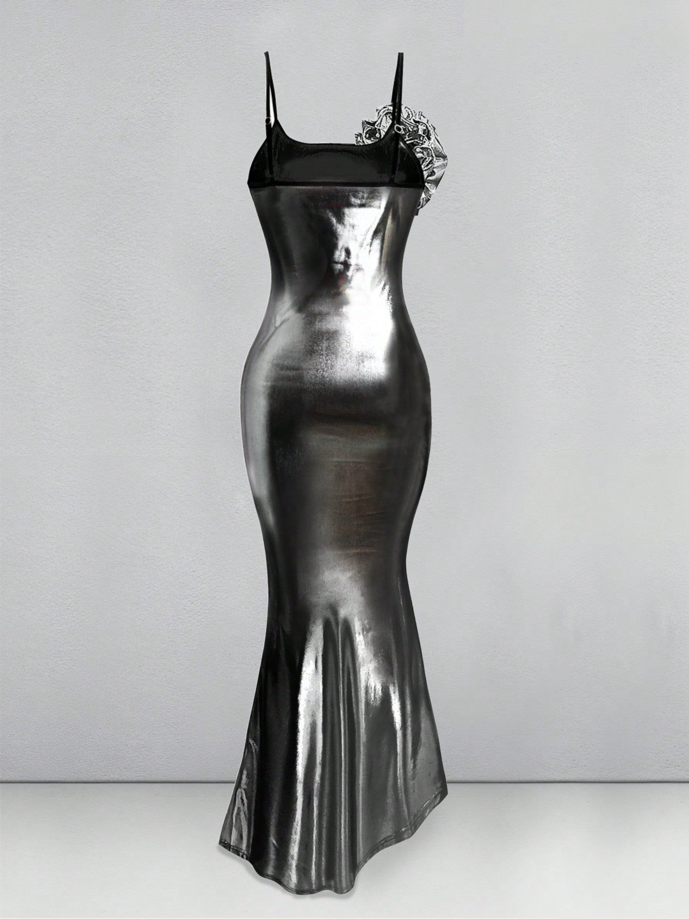 Stunning Silver Metallic Mermaid Maxi Dress, Spaghetti Straps, Size 12 to 14,
