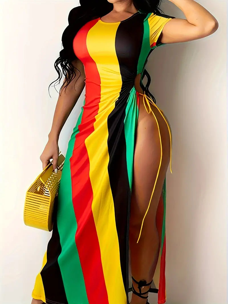 Women's Striped Red Black Green & Gold dress Reggae Rasta Jamaica style, Split side.