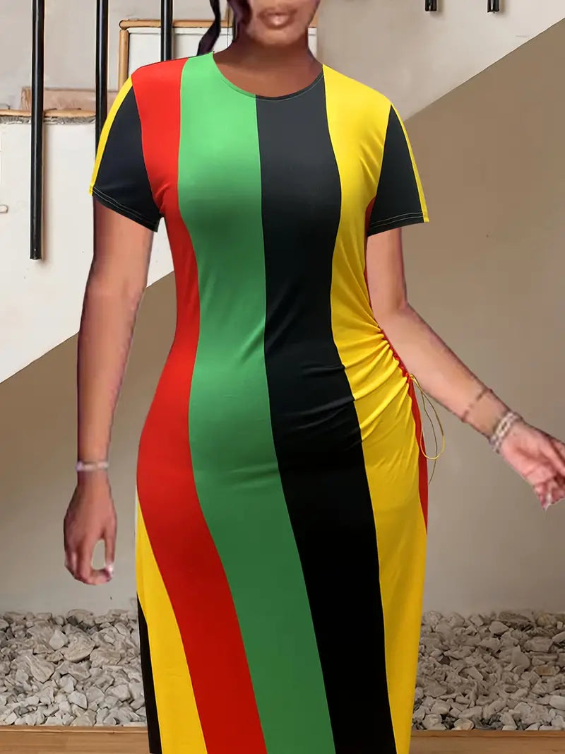Women's Striped Red Black Green & Gold dress Reggae Rasta Jamaica style, Split side.