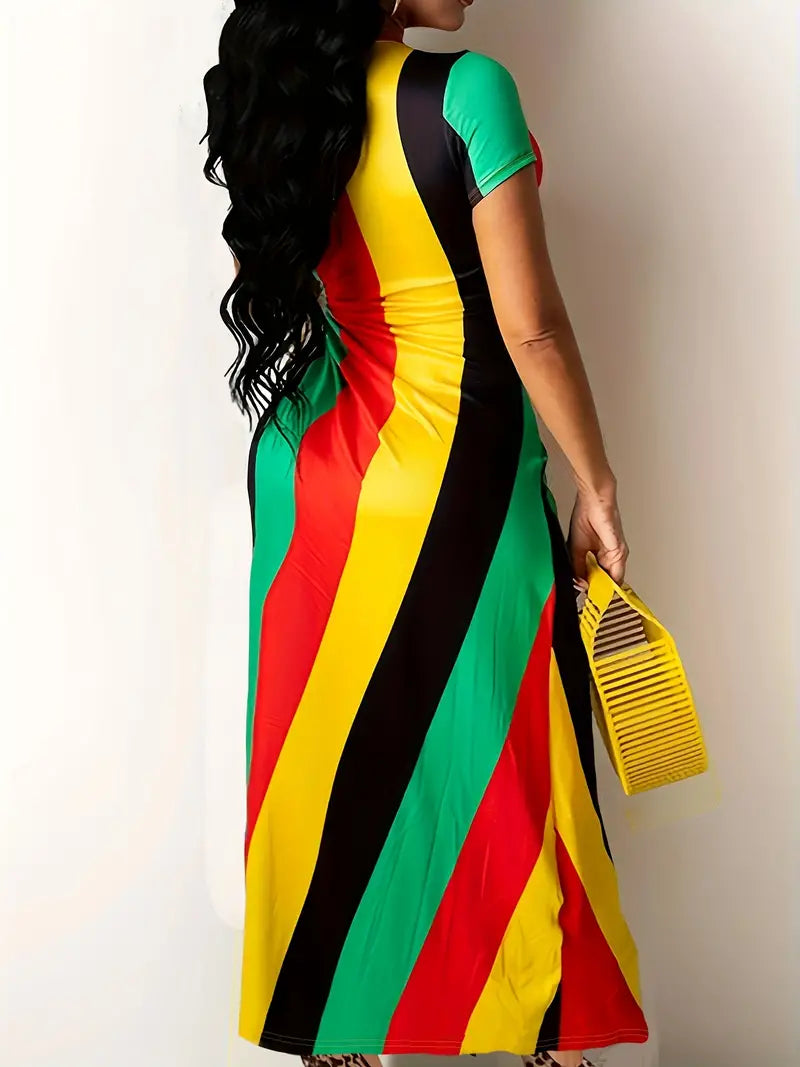 Women's Striped Red Black Green & Gold dress Reggae Rasta Jamaica style, Split side.