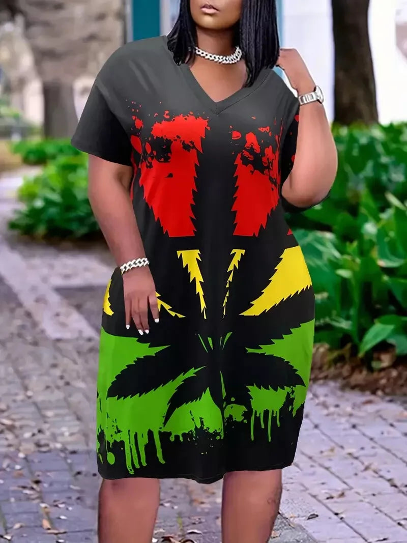 WOMEN'S JAMAICA HOLIDAY, BLACK, RED, GOLD & GREEN DRESS, LEAF PRINT. SIZE 16