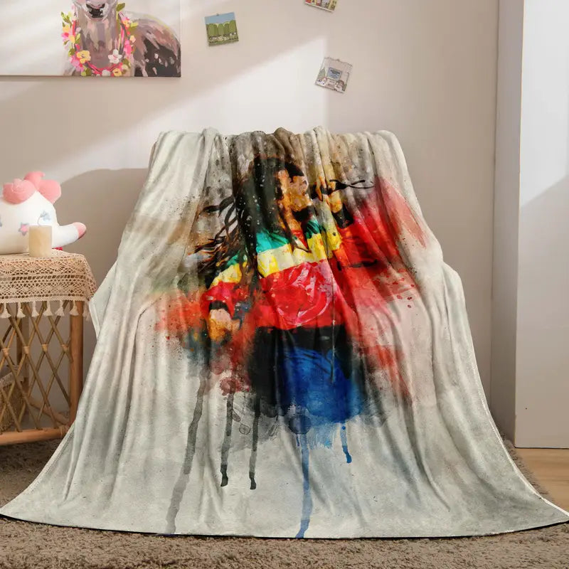 Rasta, Reggae, Jamaica Inspired, Soft Fleece Throw, with Bob Marley Print.
