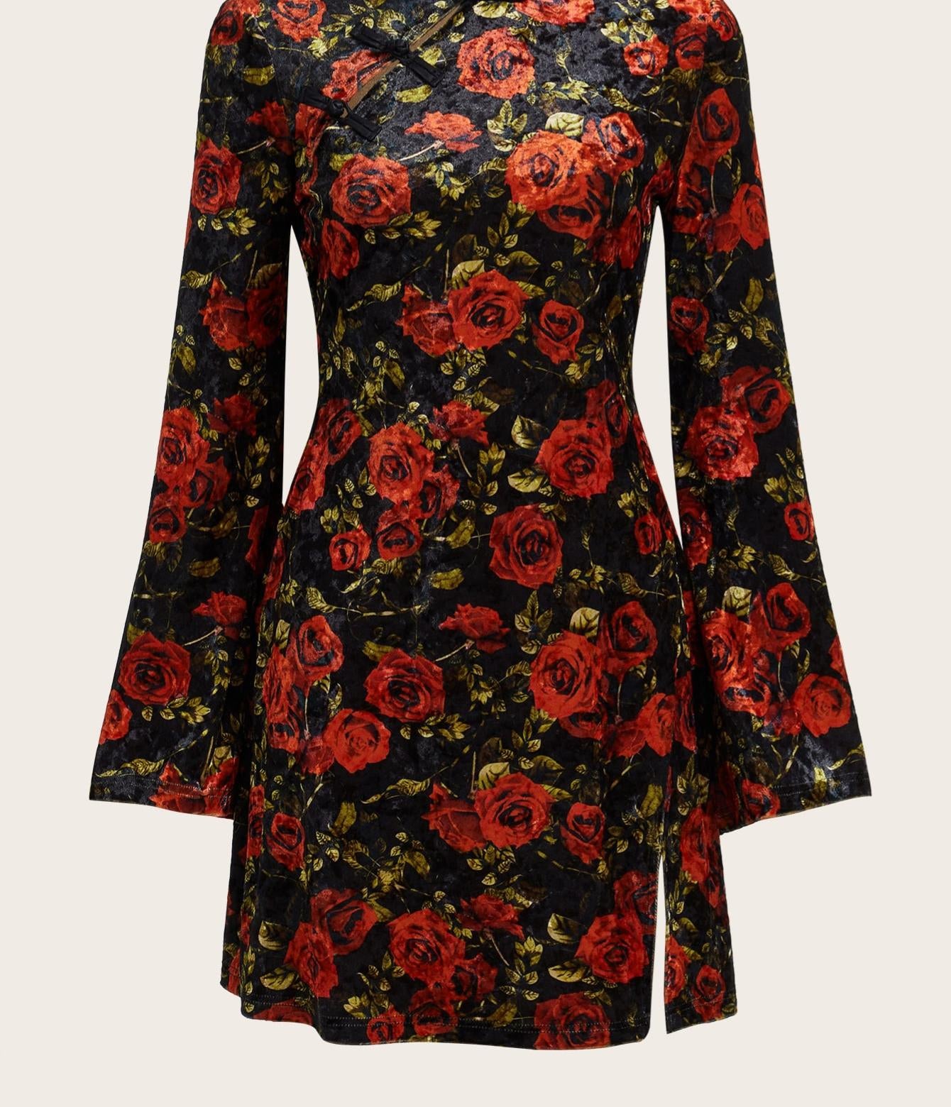 Womens Black & Red Rose Knee Length Velvet Chinese Style Dress,Size 8