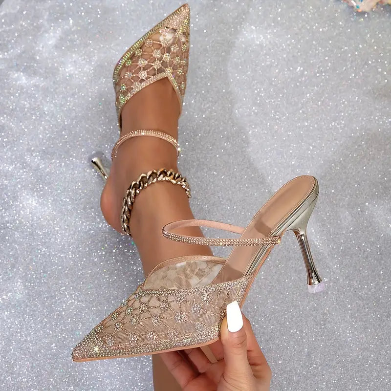 Women's Elegant & Stunning Gold Stiletto Slip On Strap Shoes, Size 7.