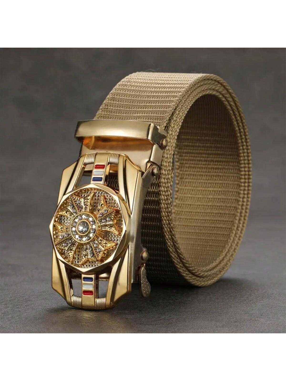 Men's Gold Fabric Hip Hop Style Belt, One Size Adjustable to 51in, Metal Buckle.