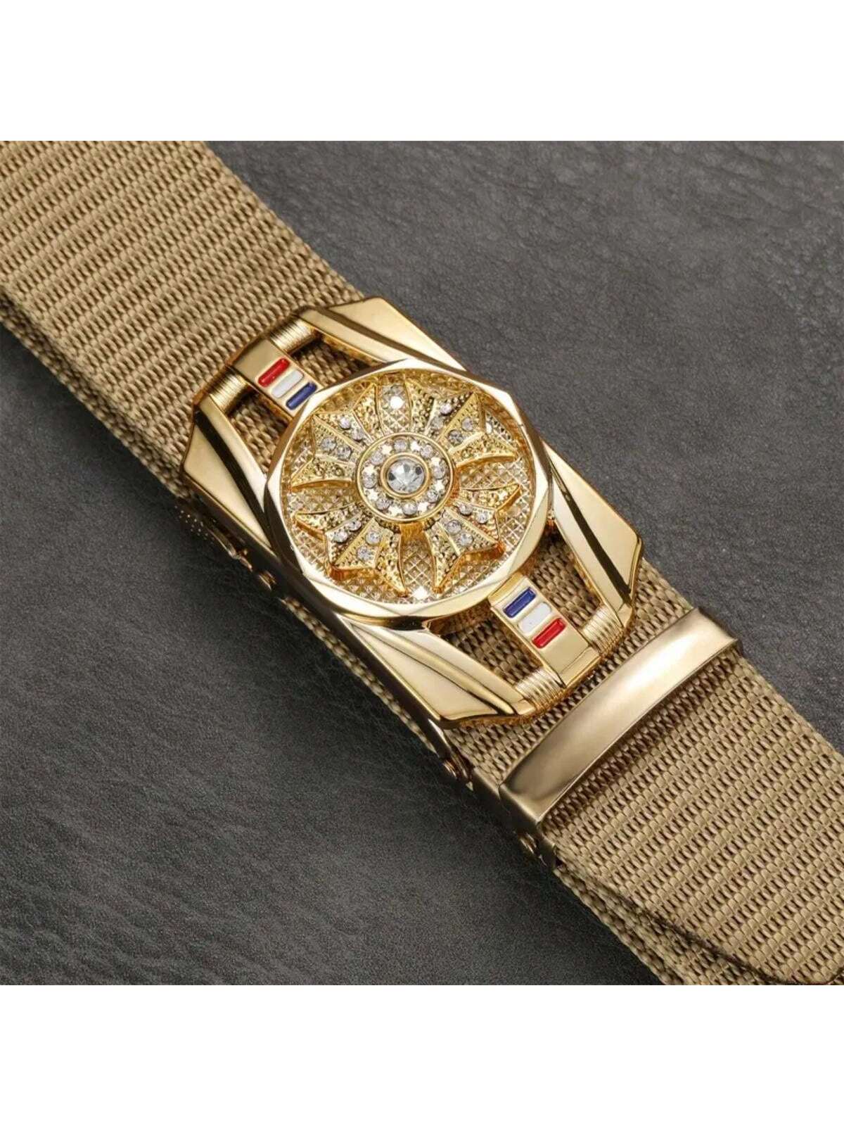 Men's Gold Fabric Hip Hop Style Belt, One Size Adjustable to 51in, Metal Buckle.