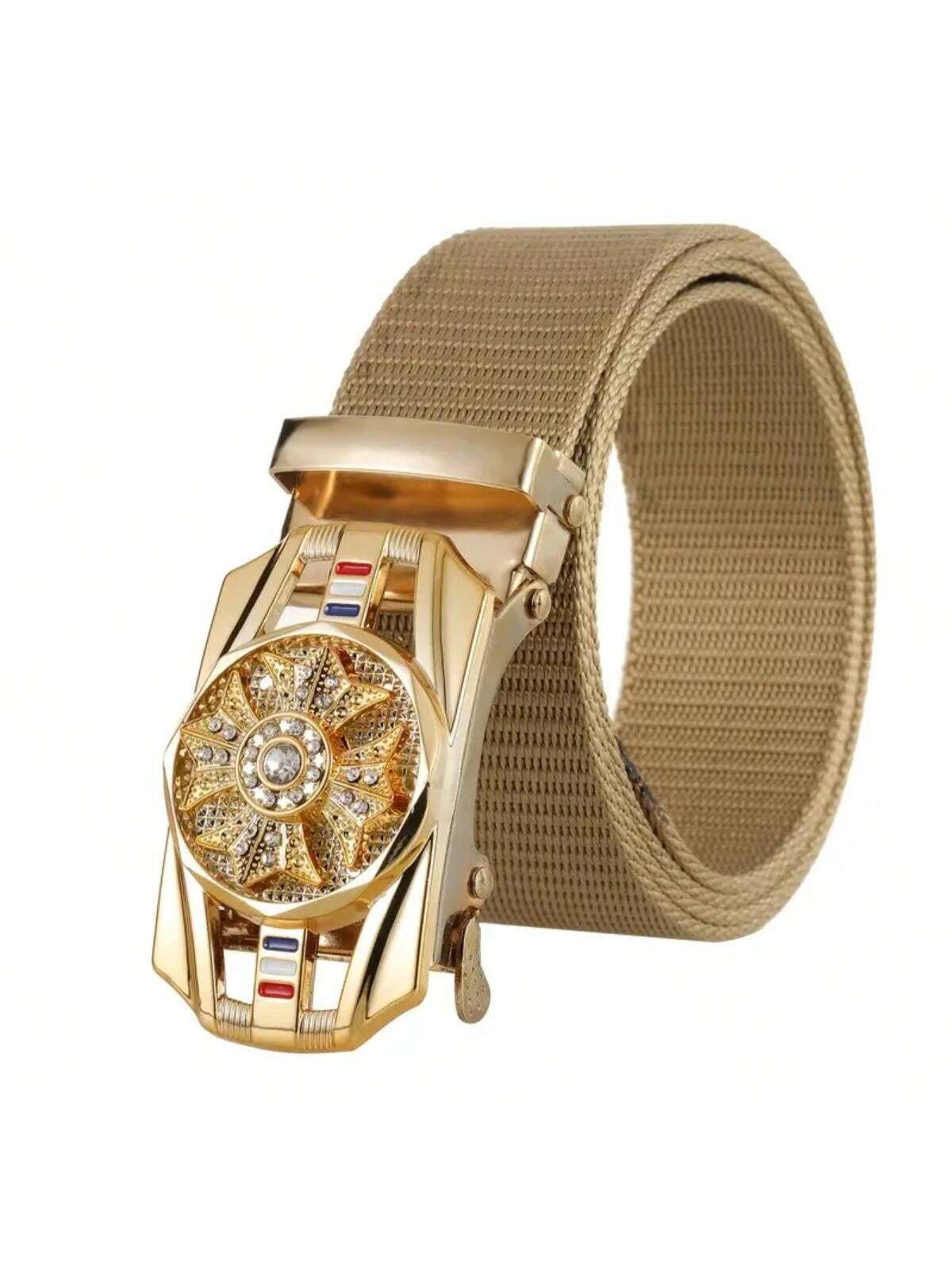 Men's Gold Fabric Hip Hop Style Belt, One Size Adjustable to 51in, Metal Buckle.