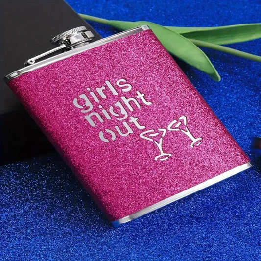 Women's Pink Glitter Stainless Steel Hip Flask, "Girls Night Out" Stencil.