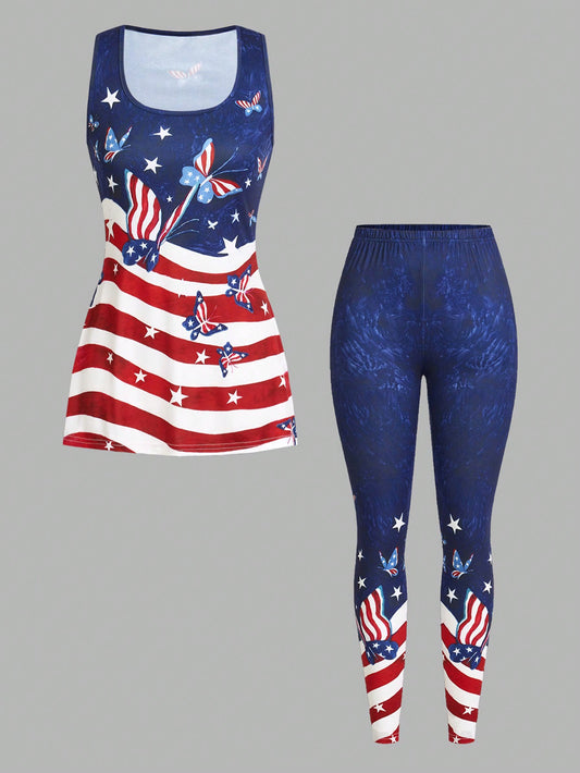 WOMEN'S AMERICAN FLAG PRINT STRETCH 2 PIECE LEGGINGS AND VEST TOP SET, SIZE 8
