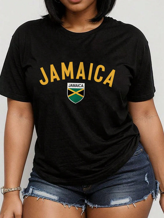 WOMEN'S BLACK T SHIRT, JAMAICA LOGO PRINT. PLUS SIZE 24