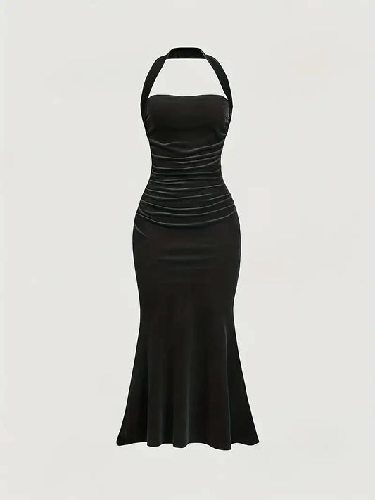 Stunning Black Velvet Maxi Dress, Mermaid Style, Halter Neck, Size 12 to 14