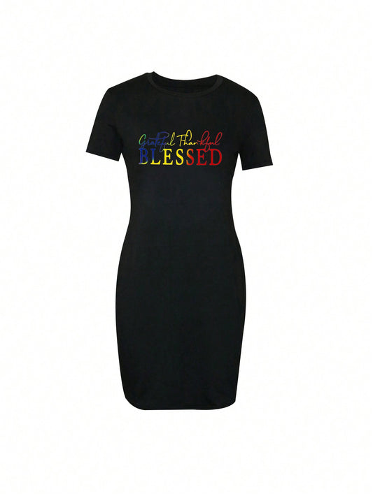 WOMEN'S BLACK T SHIRT DRESS SIZE 16, SHORT SLEEVES, GRATEFUL, THANKFUL, BLESSED, DIAMONTE LOGO