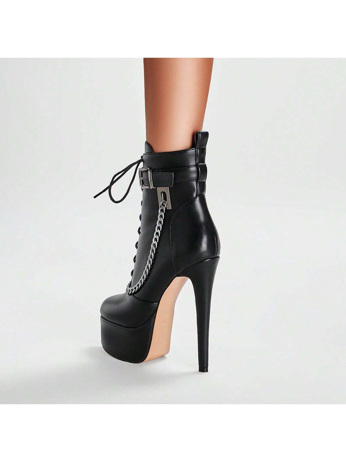 Women's Black Platform Chained Ankle Boots, High Stiletto Heels, Size 7