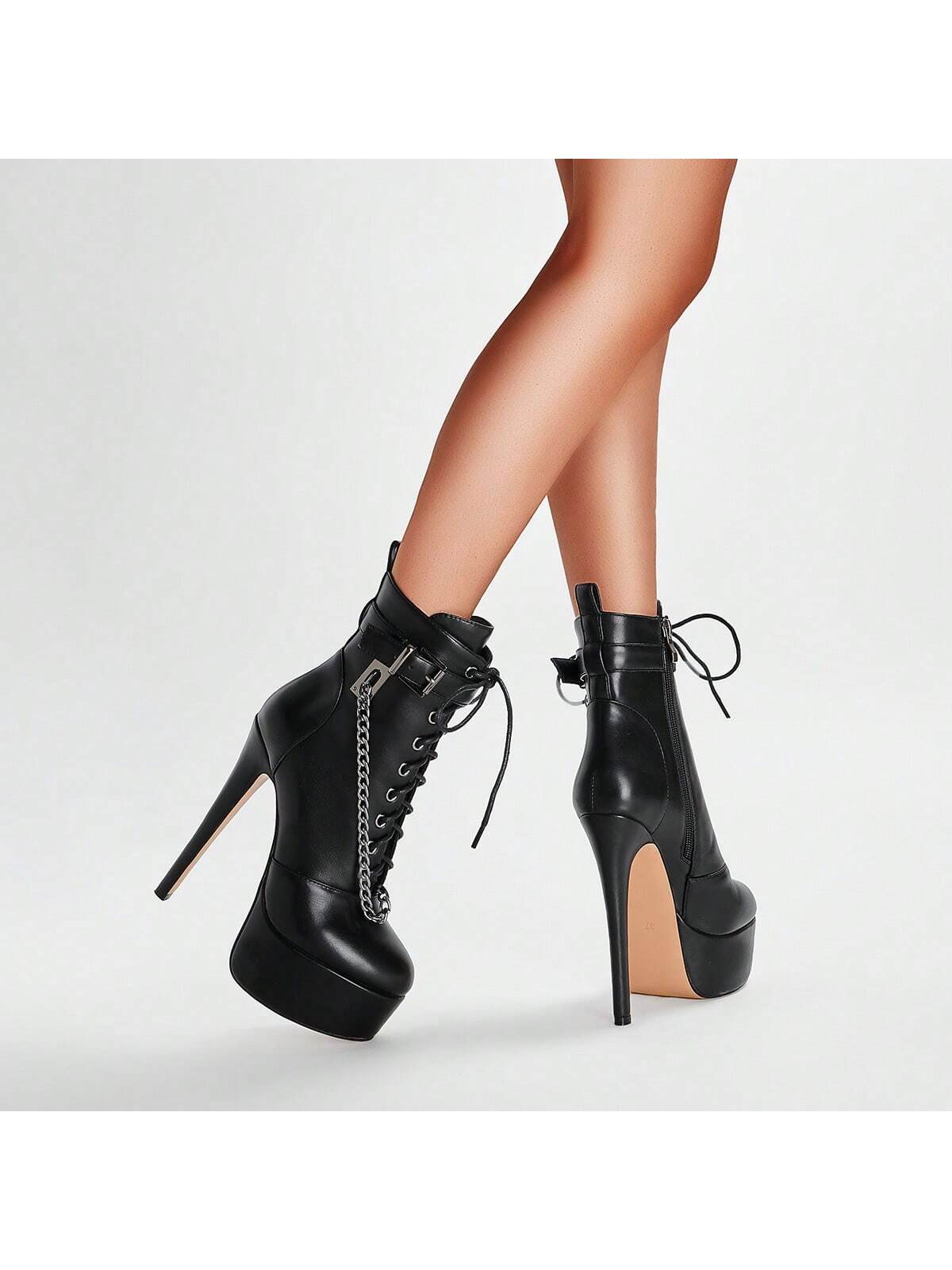 Women's Black Platform Chained Ankle Boots, High Stiletto Heels, Size 7