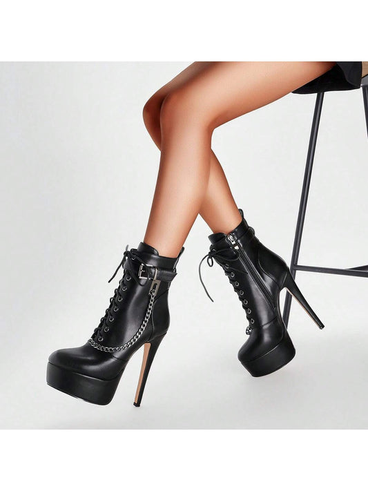 Women's Black Platform Chained Ankle Boots, High Stiletto Heels, Size 7