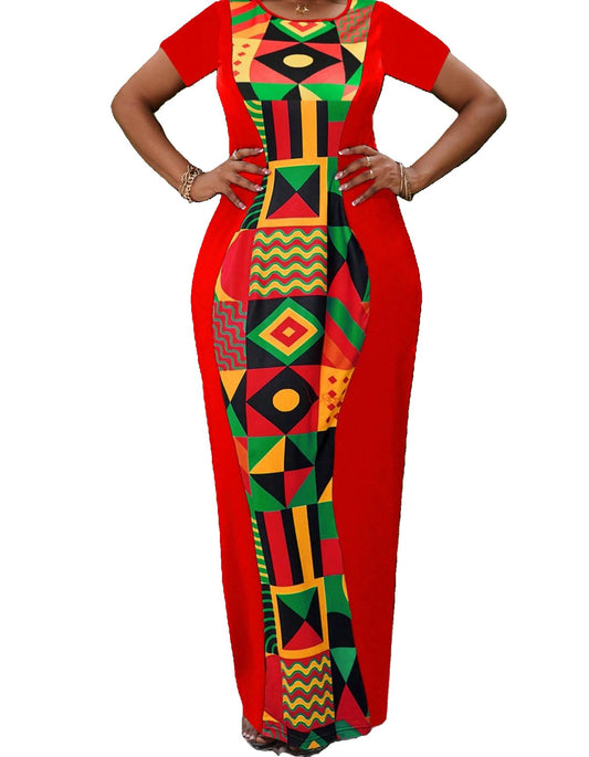 SHORT SLEEVED MAXI DRESS, RED WITH AFRICAN PRINT.
