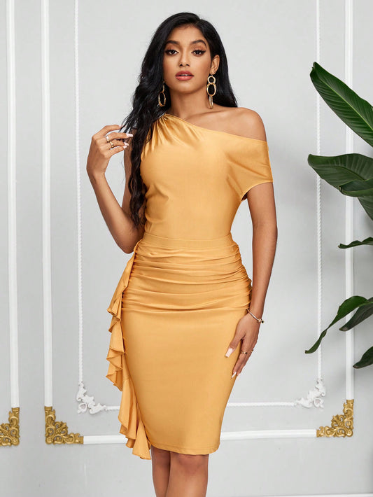 Womens Yellow Gold Lycra 2 Piece, Bodycon Fit, Skirt Side Frill, Size 8