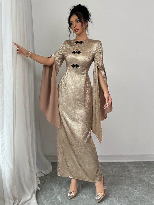 Stunning Gold Metallic Maxi Dress, Chinese Style, Statement Sleeves, Size 16.