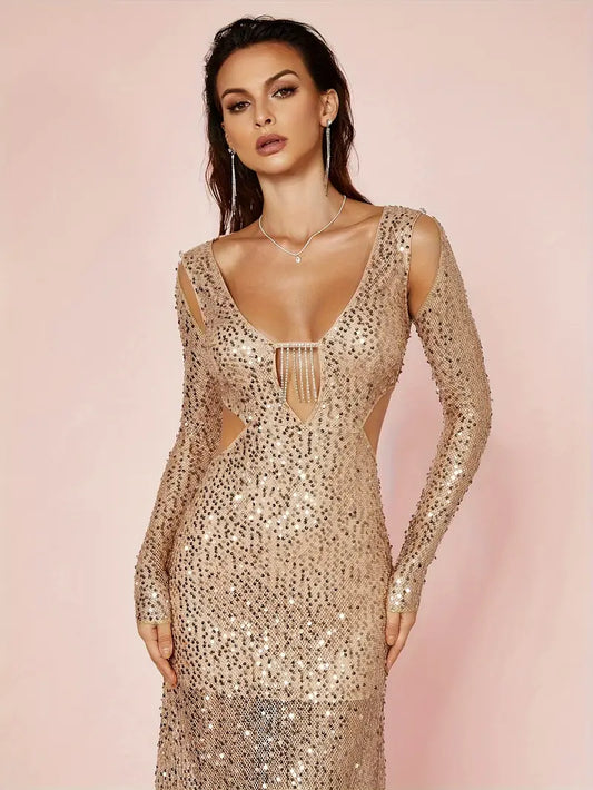 Women's Stunning Gold Sequin Midi Dress, Mini Lining, Net Sequin Over dress Size 10