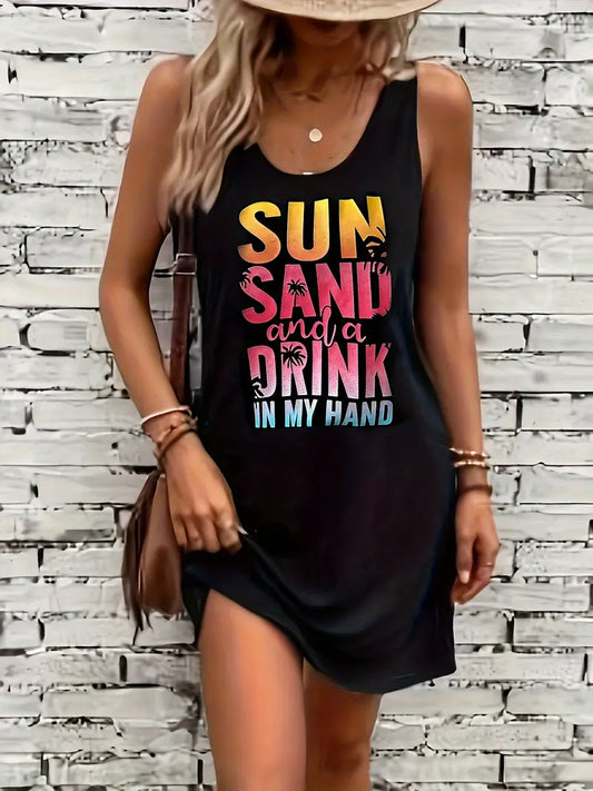 Women's Black Vest Style Holiday Mini Dress, Sun, Sand & Drink Print, Size 18.