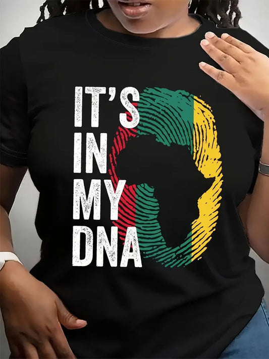 WOMEN'S JAMAICA, AFRICA, REGGAE, BLACK T SHIRT, "IT'S IN MY DNA" PRINT SIZE 16/18