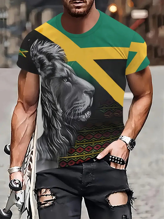 MEN'S JAMAICA FLAG, T SHIRT TOP, YELLOW & GREEN, LION DIGITAL PRINT. SIZE XL