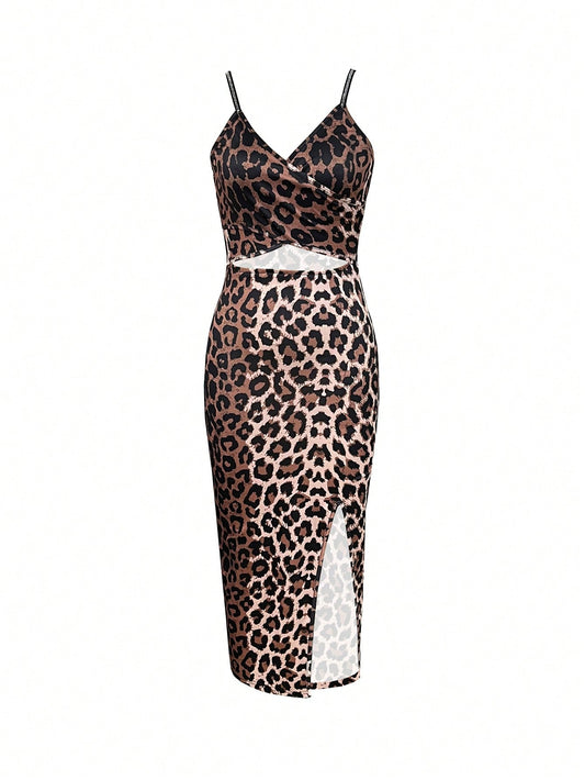 WOMENS STRETCH LYCRA LEOPARD MIDI DRESS SIDE SPLIT RHINESTONE STRAPS SIZE 8