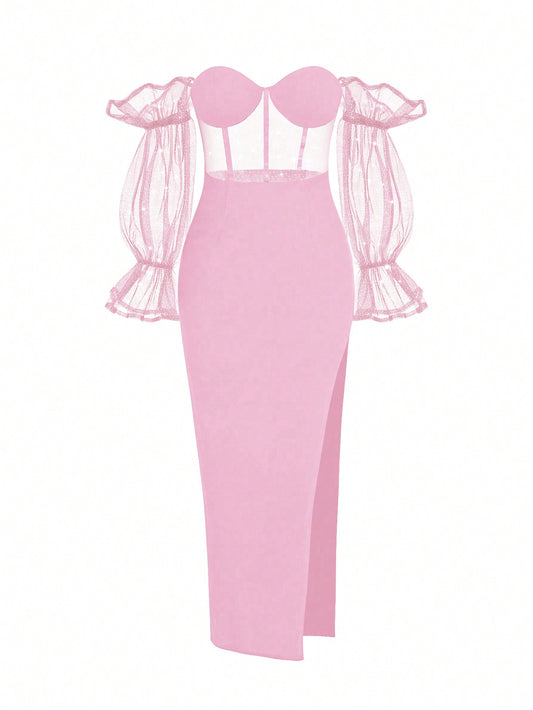 Womens Stunning Pale Pink Maxi Dress, Side Split, Open Shoulder Size 16