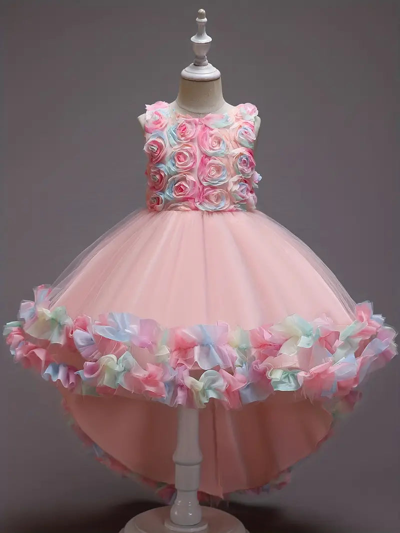 Girls Pink Pastel Flower Party Princess Dress with Train, Age 7 to 8 years.