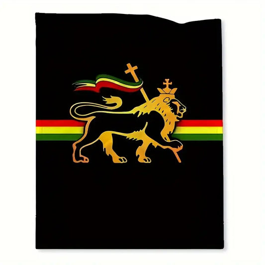 Rasta Style, Black Soft Fleece Throw, Lion of Judah Print.