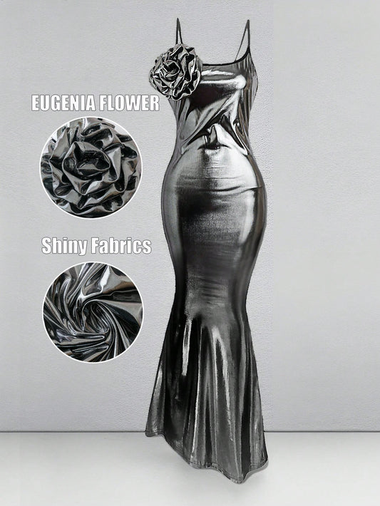 Stunning Silver Metallic Mermaid Maxi Dress, Spaghetti Straps, Size 12 to 14,