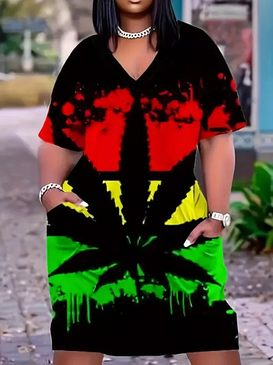WOMEN'S JAMAICA HOLIDAY, BLACK, RED, GOLD & GREEN DRESS, LEAF PRINT. SIZE 16