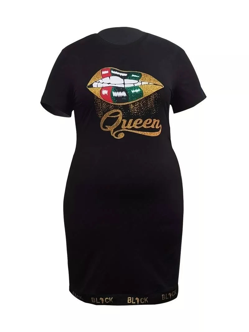 Women's Black & Multi Short Length "Queen" and "LIPS" logo Dress Size 24