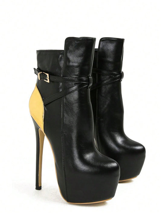Women's Black & Gold Platform Ankle Boots ,Ultra High Stiletto Heels, Size 6