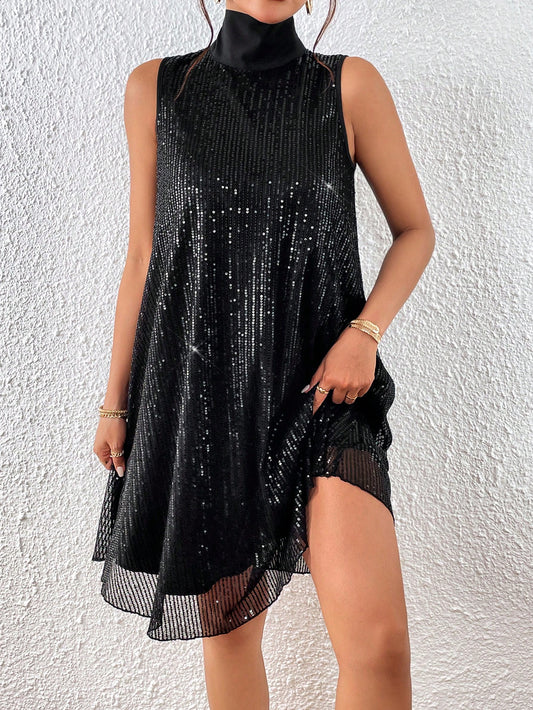 Women's Stunning  Sequin Black Knee Length Dress, Sleeveless, Size 16.