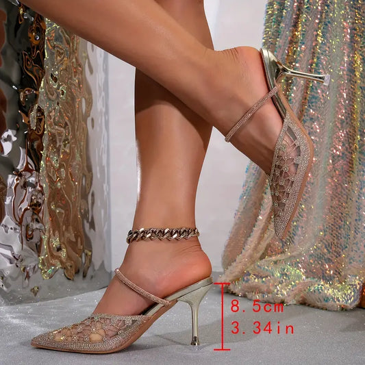Women's Elegant & Stunning Gold Stiletto Slip On Strap Shoes, Size 7.