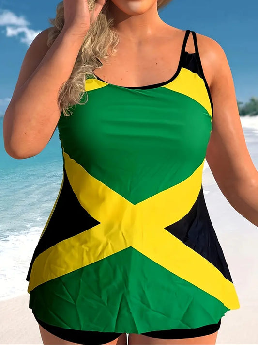 Womens Tankini Style Bikini, Jamaica Flag , Black Bottoms, Size 24 to 26