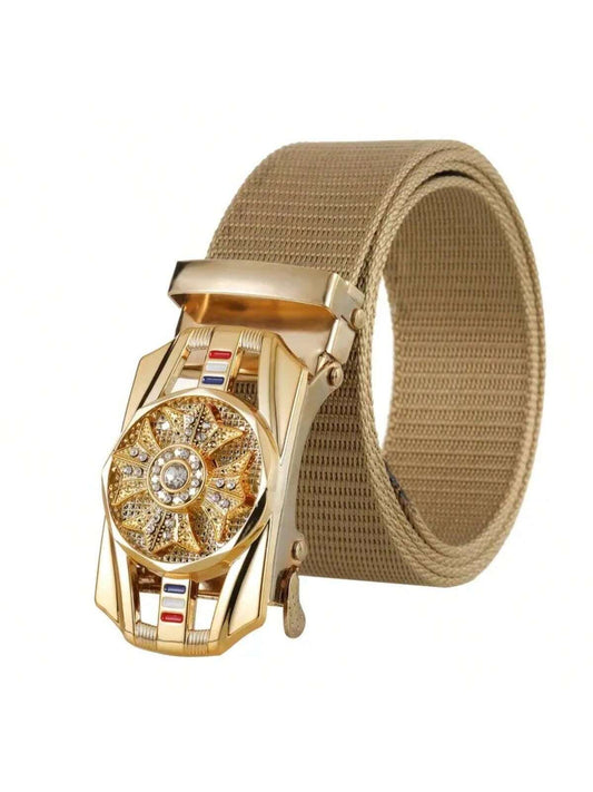 Men's Gold Fabric Hip Hop Style Belt, One Size Adjustable to 51in, Metal Buckle.